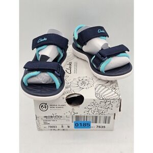 Clarks - Kids - Adjustable Sandals, SurfingTide K - Navy Marine Dinosaur‎ Sz 8 M